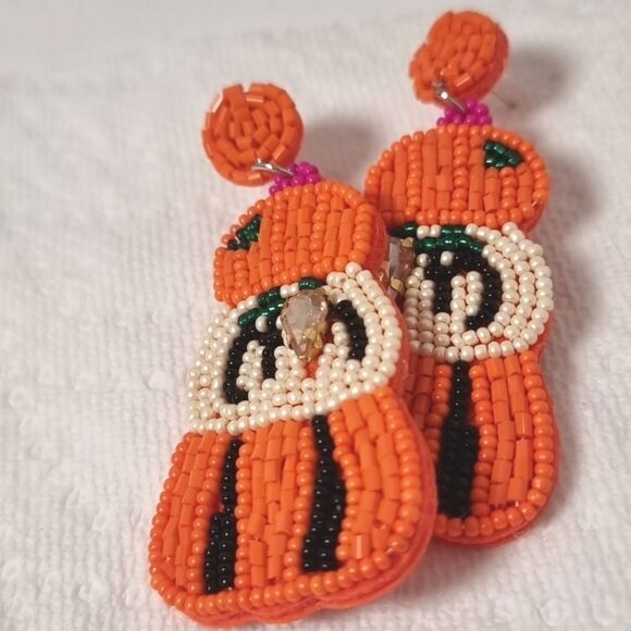 PUMPKIN STACK beaded rhinestone fall autumn earrings - Picture 4 of 9